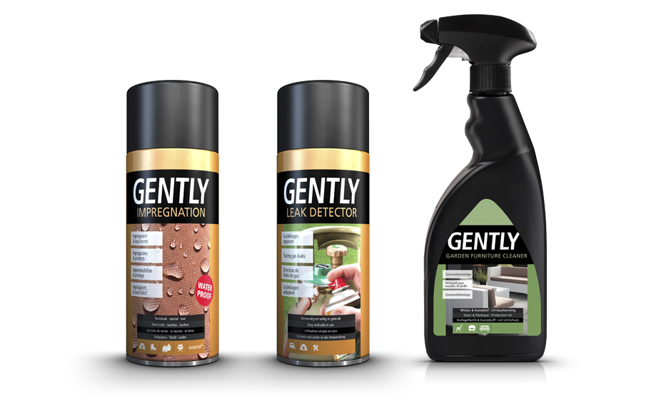 Gently producten: Impregnation Spray, Leak Detector, Garden Furniture Cleaner